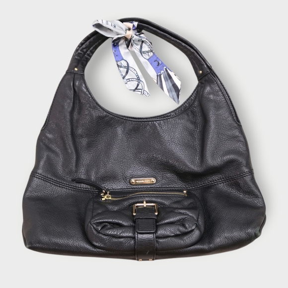 Vintage Michael Kors Austin Black  Leather Buckle Hobo Bag with Scarf Accent - Picture 1 of 5